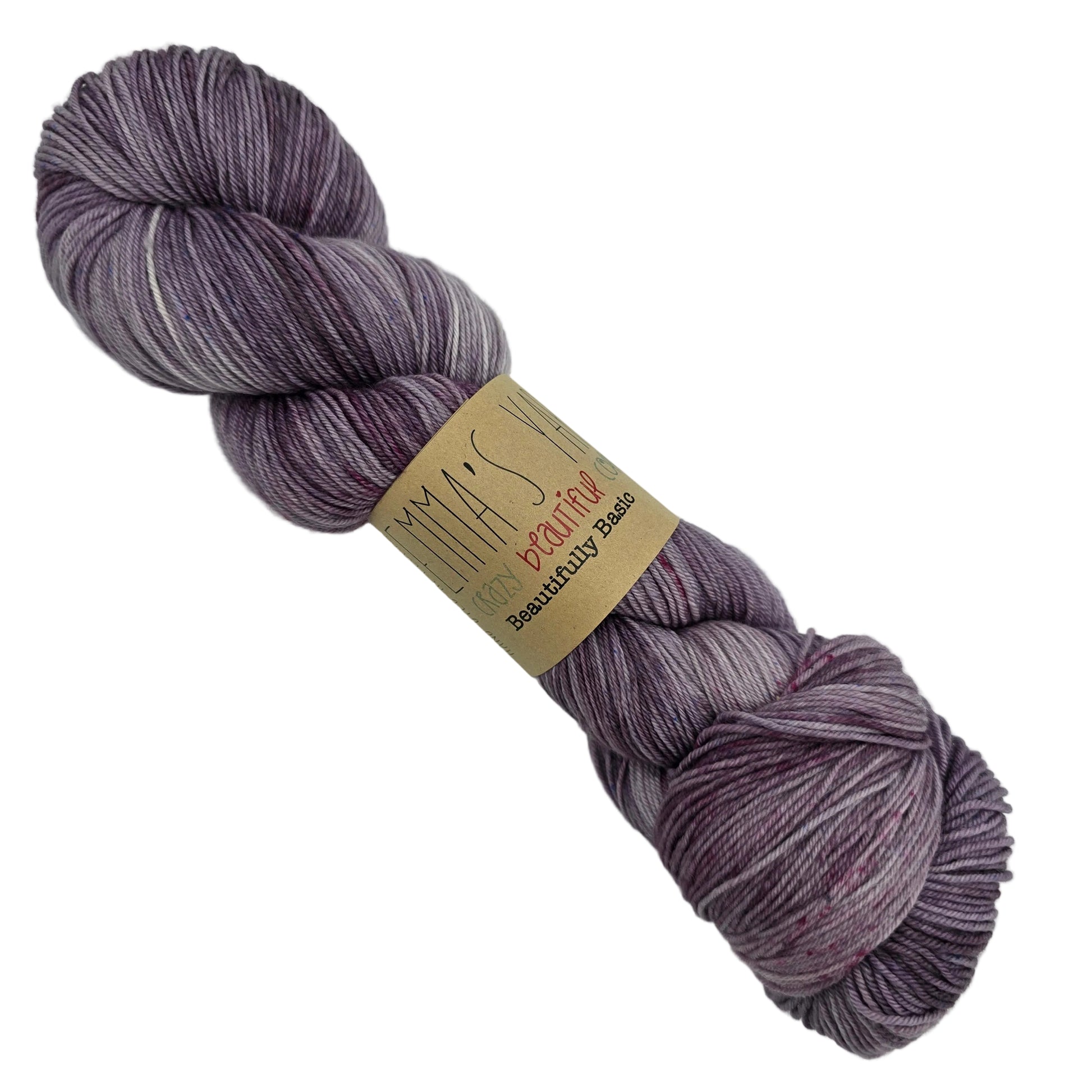 Image of a single skein of Beautifully Basic yarn by Emma's Yarn in the color February '23 with label on a white background.