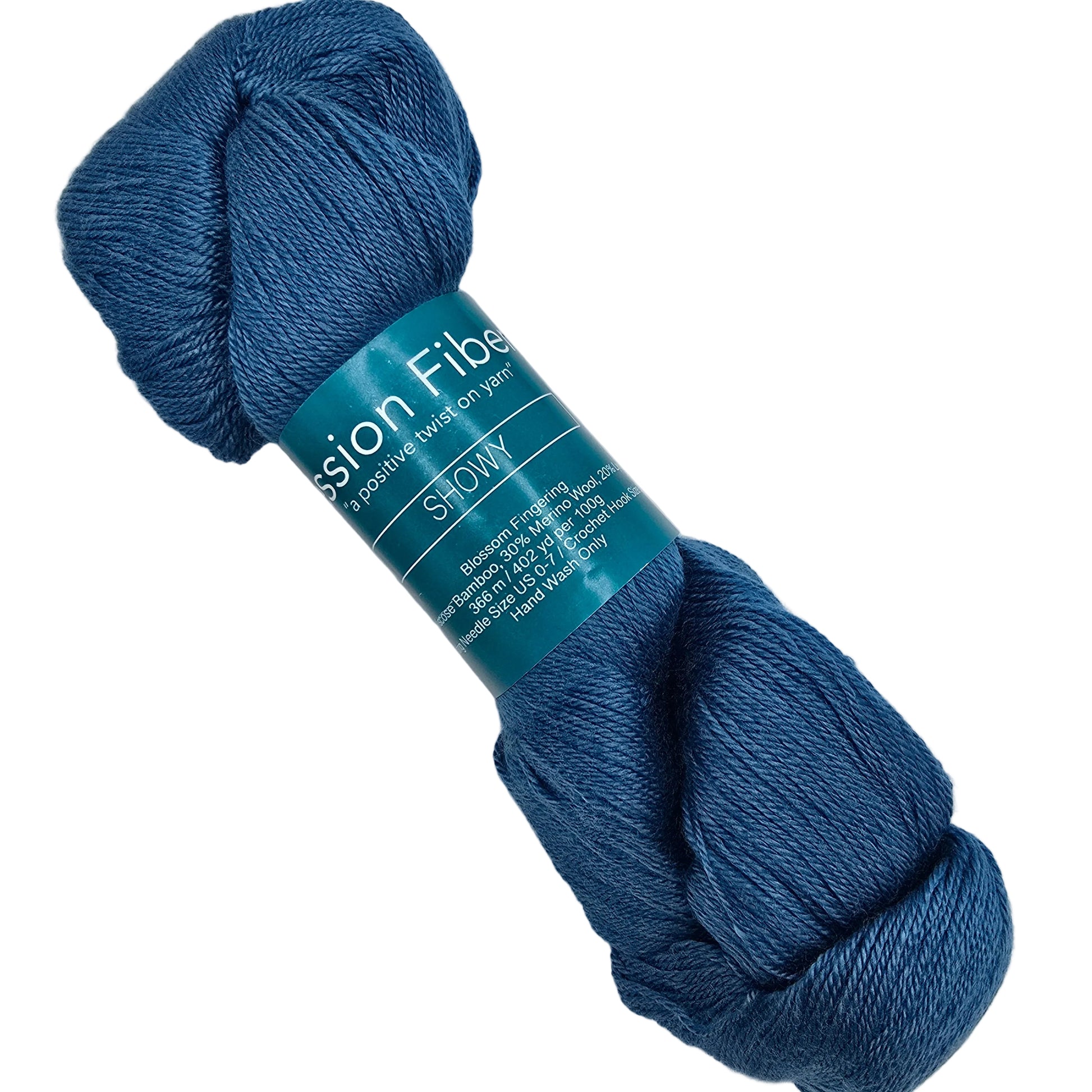 Image of a single skein of Blossom Fingering by Expression Fiber Arts yarn in the color Showy with label on a white background.