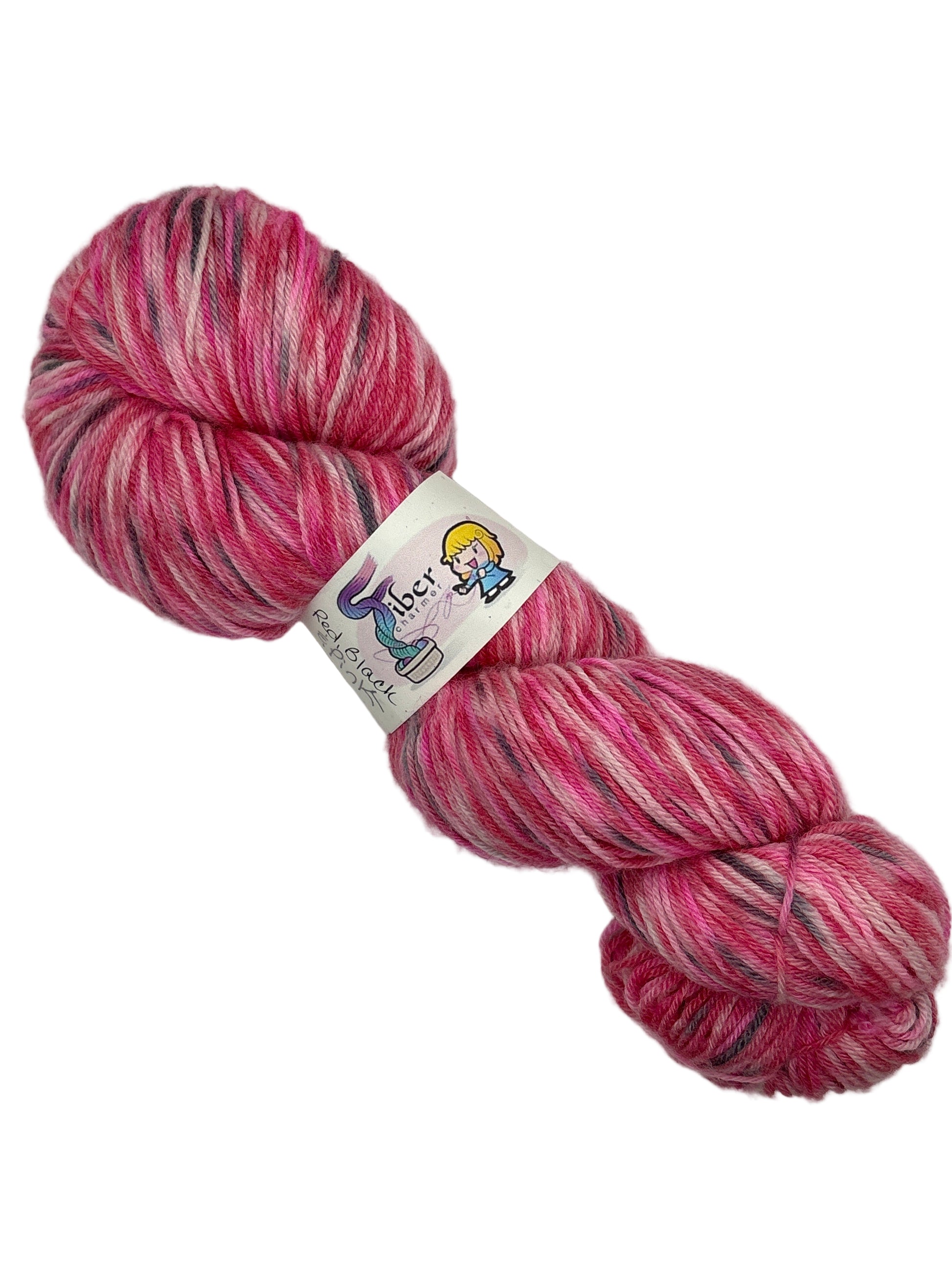 Skein of multicolor pink and black  BlueBoo wool yarn by Fiber Charmer on white background with label.