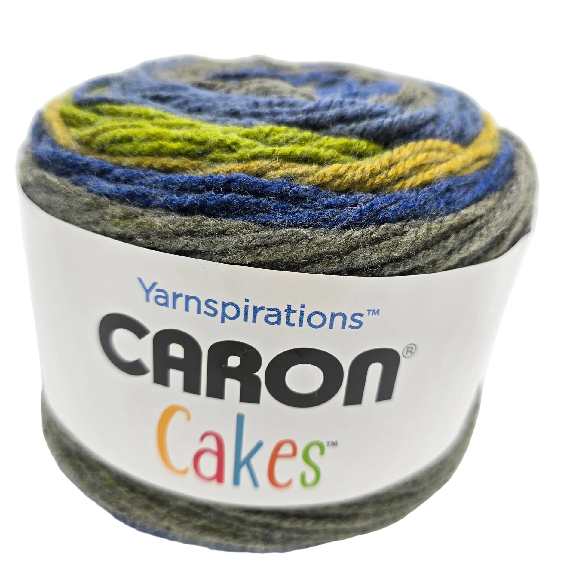 Image of a single cake of Caron Cakes yarn in the color blueberry parfait with label on a white background.