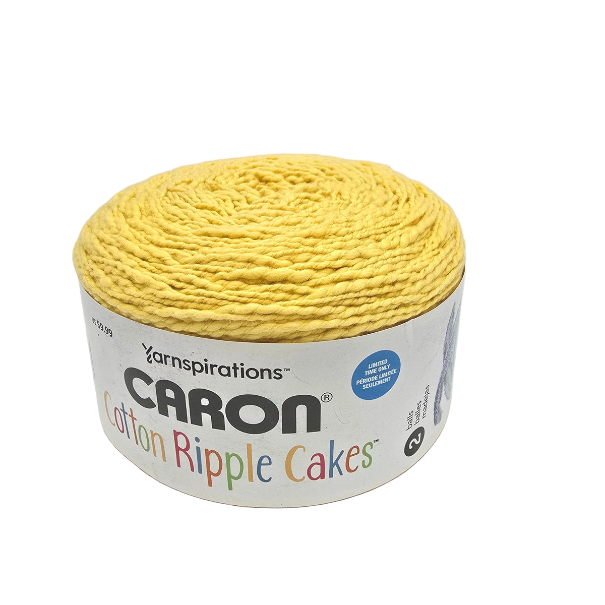 Image of single cake of Caron Cotton Ripple Cakes yarn in the color  SunFlare with label on a white background.