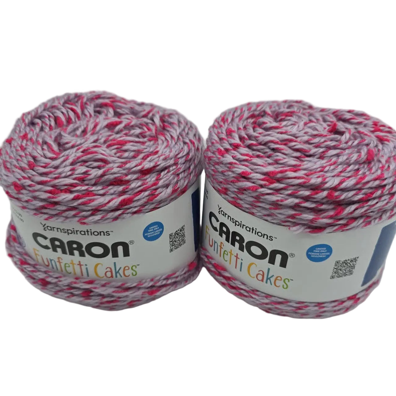 Image of two of Caron Funfetti Yarn Cakes in the color Orchid Pop with labels on a white background.
