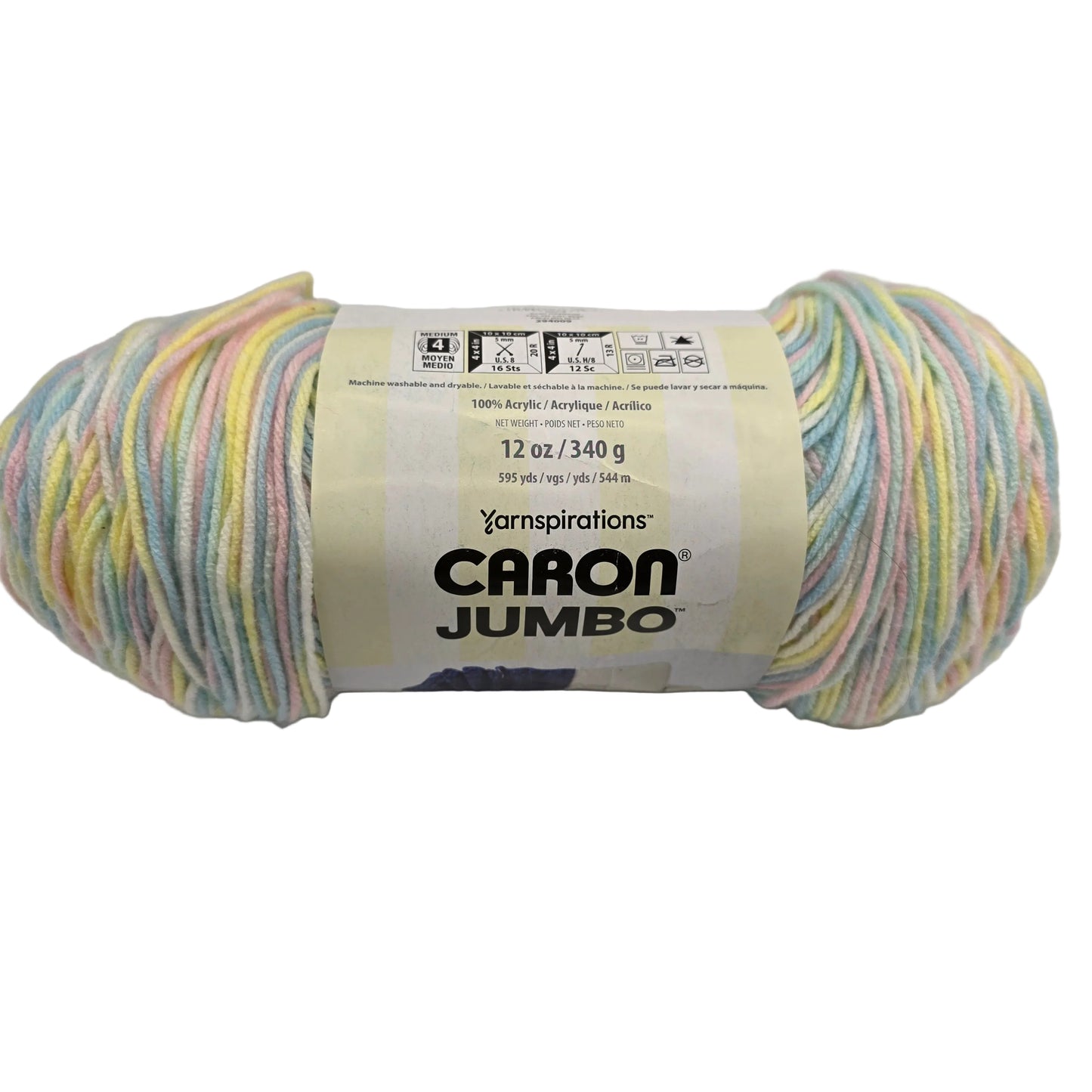 Image of single skein of Caron Jumbo yarn in the color Baby Rainbow with label on a white background.