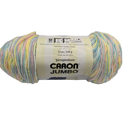 Image of single skein of Caron Jumbo yarn in the color Baby Rainbow with label on a white background.