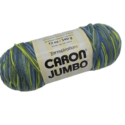 A skein of Caron Jumbo yarn from Yarnspirations, in the color Lilypad featuring a variegated color pattern of blue, green, and yellow, with a cream-colored paper label on a white background.
