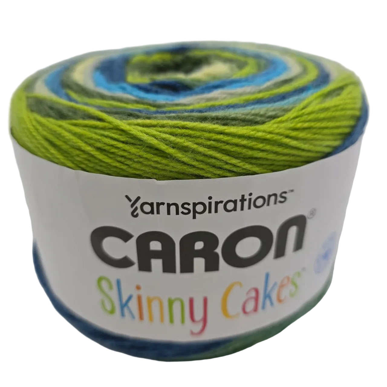 Image of a single cake of Caron Skinny Cakes  yarn in the color Lime Twist with label on a white background.