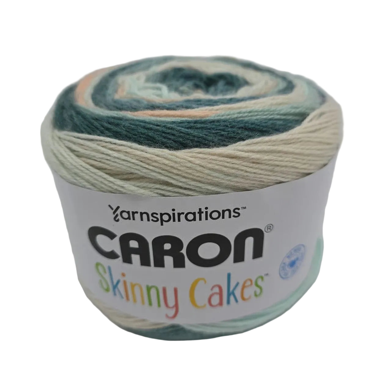 Image of a single skein of Caron Skinny Cakes Yarn in Frosted Mint with label on a white background.