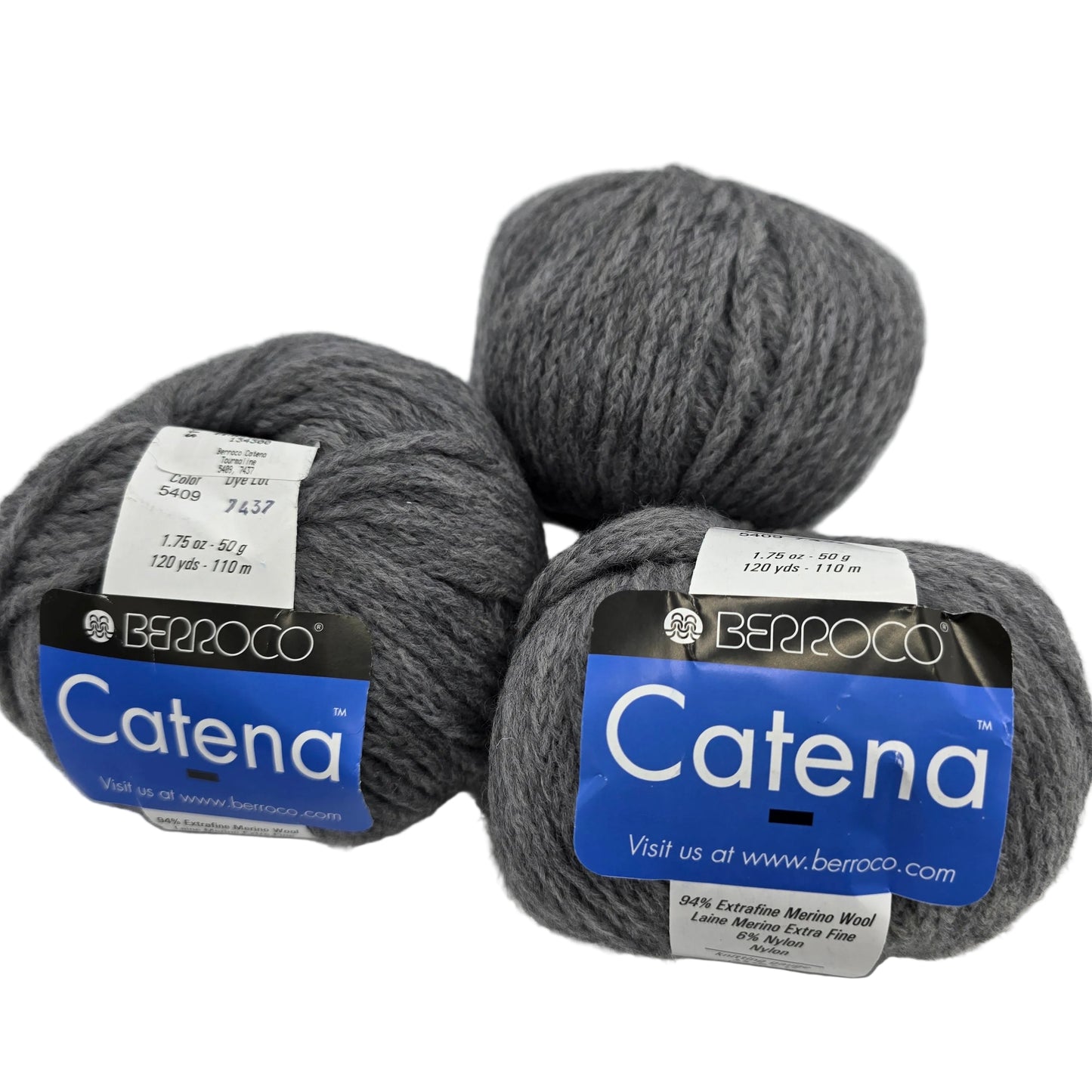 Image of three ball of Catena by Berroco Yarn in Color 5409 Tourmaline with labels in a white background.