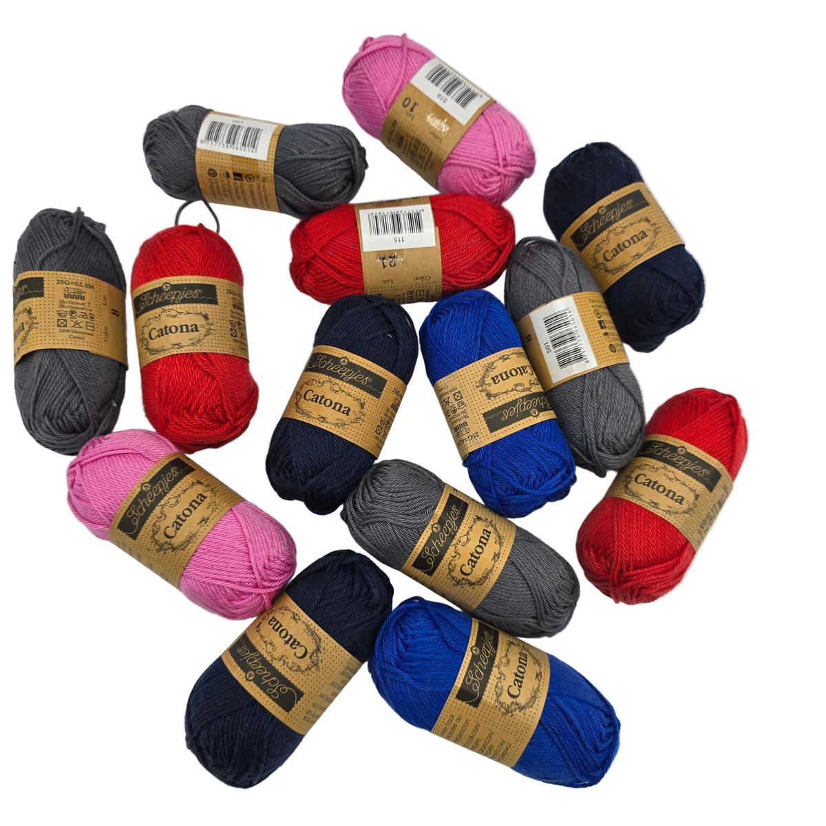 Multiple skeins of Catona yarn in assorted colors including pink, red, navy, blue, gray, and charcoal, arranged on a plain white background.