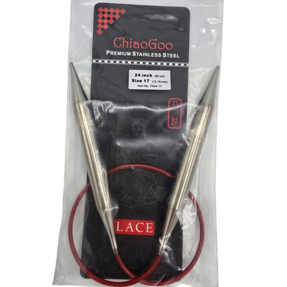 ChiaoGoo US 17, 12.75mm, 24" stainless steel circular knitting needles in black and red package with label on a white background.