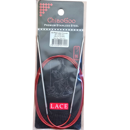 ChiaoGoo US 2.5, 3mm, 47" stainless steel circular knitting needles in black and red package with label on a white background.