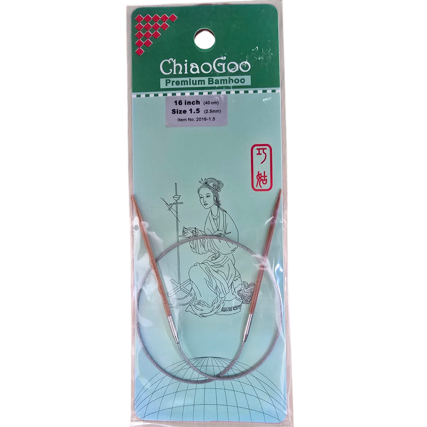 ChiaoGoo premium bamboo 16 inch, US 1.5, 2.5mm knitting needles in a green packaging on a white background