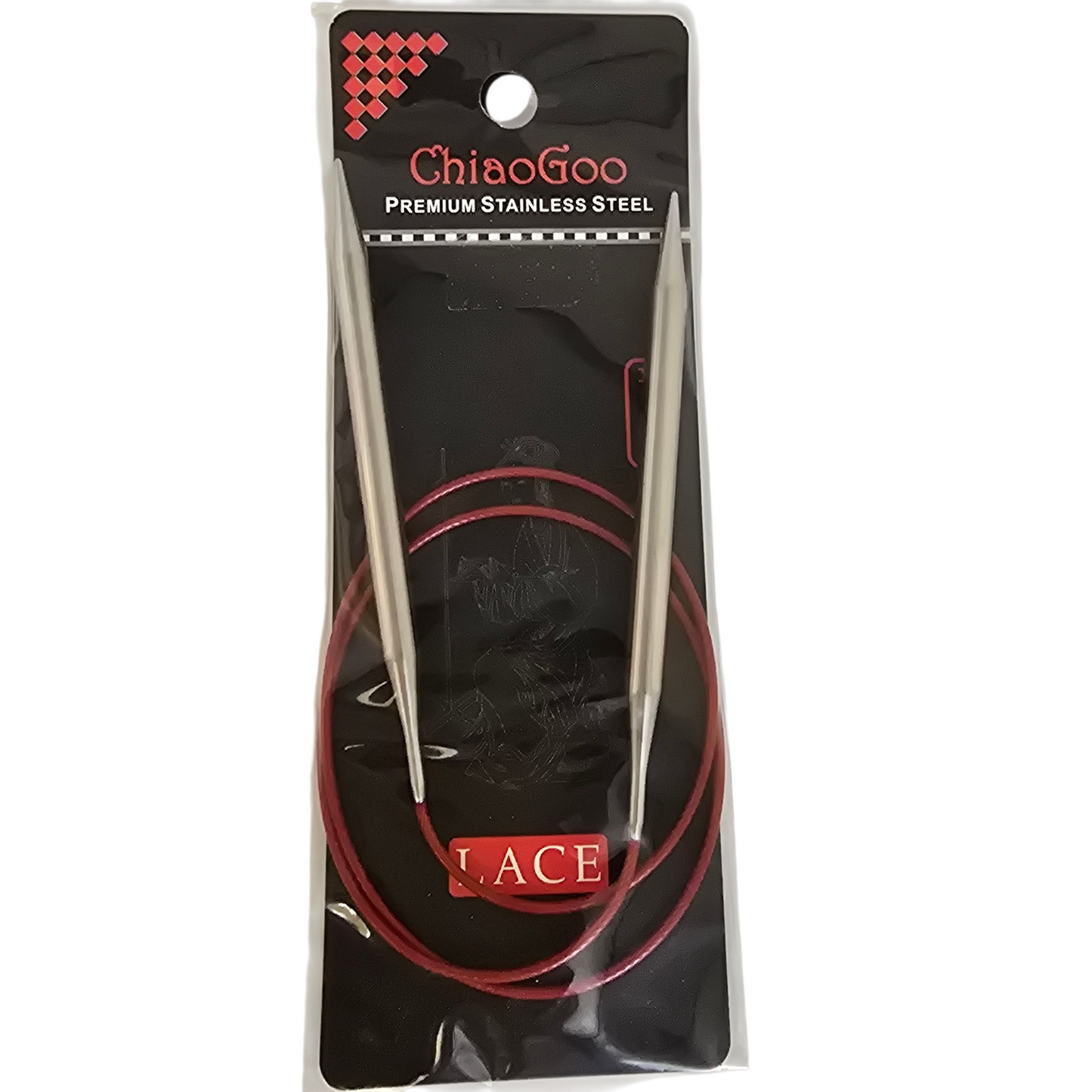 ChiaoGoo stainless steel knitting needles in packaging on a white background