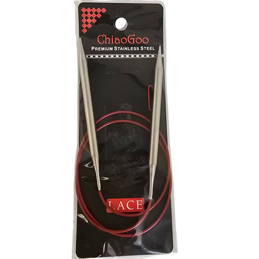 ChiaoGoo stainless steel knitting needles in packaging on a white background