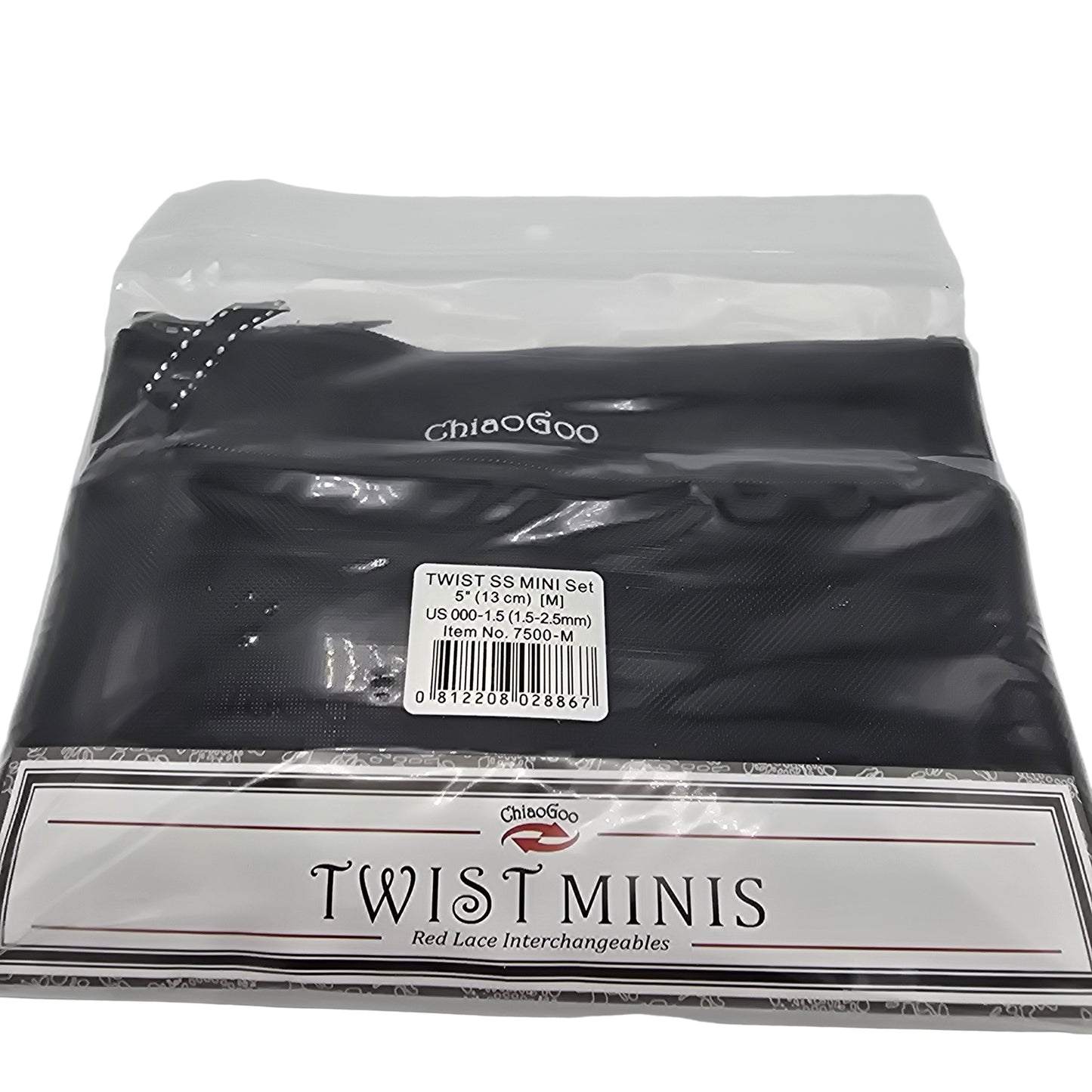 Image of the exterior packaging of ChiaoGoo Twist Mini knitting needle set with label on a white background.