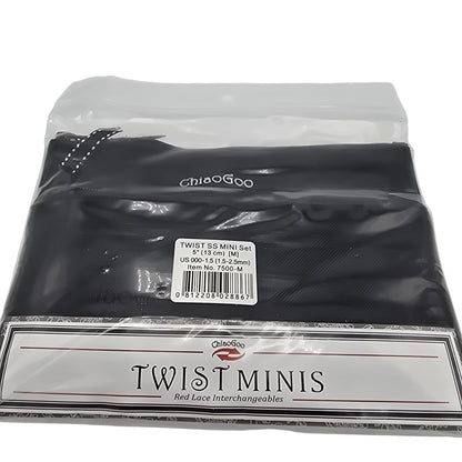 Image of the exterior packaging of ChiaoGoo Twist Mini knitting needle set with label on a white background.