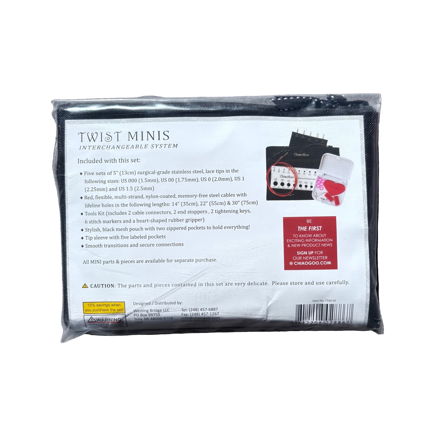 Image of ChiaoGoo Twist Red Lace Interchangeable knitting needle Set - 5" mini US000 - US 1.5 in package on white background.