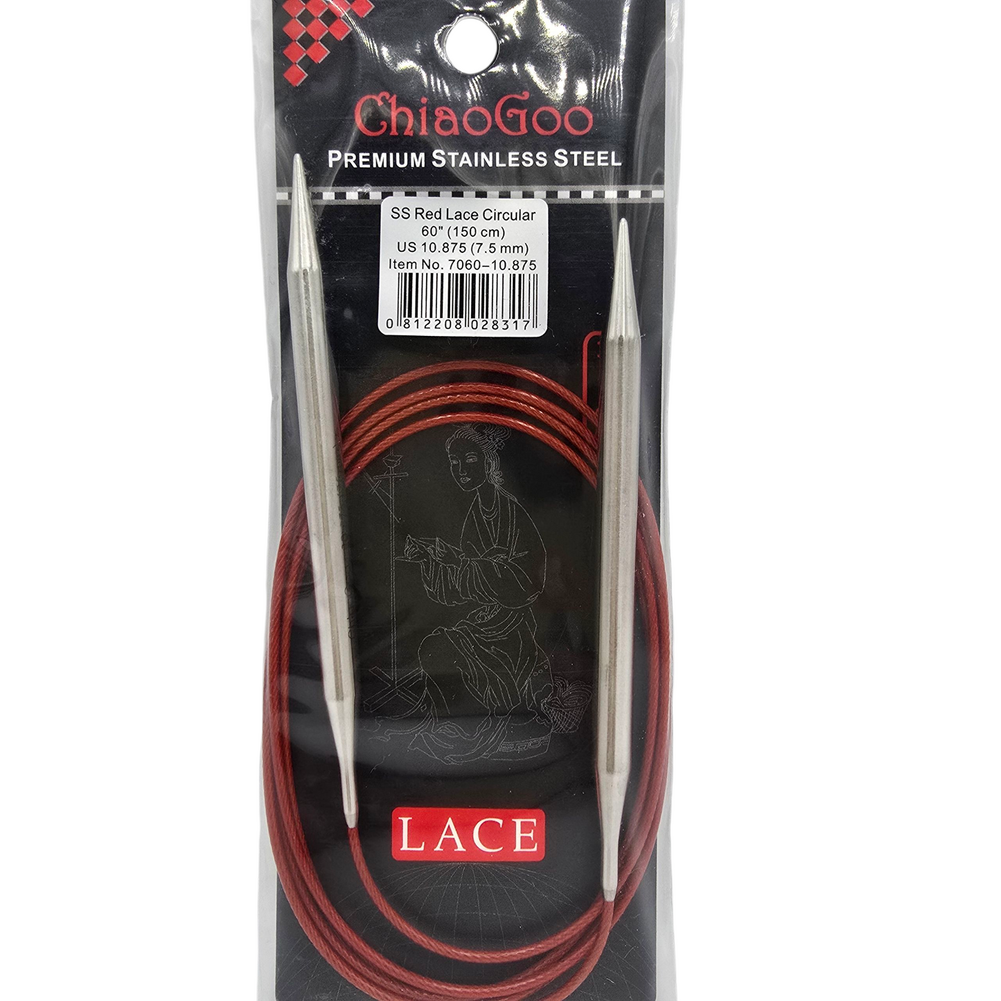 ChiaoGoo US 10.875, 7.5mm, 60" stainless steel circular knitting needles in black and red package with label on a white background.