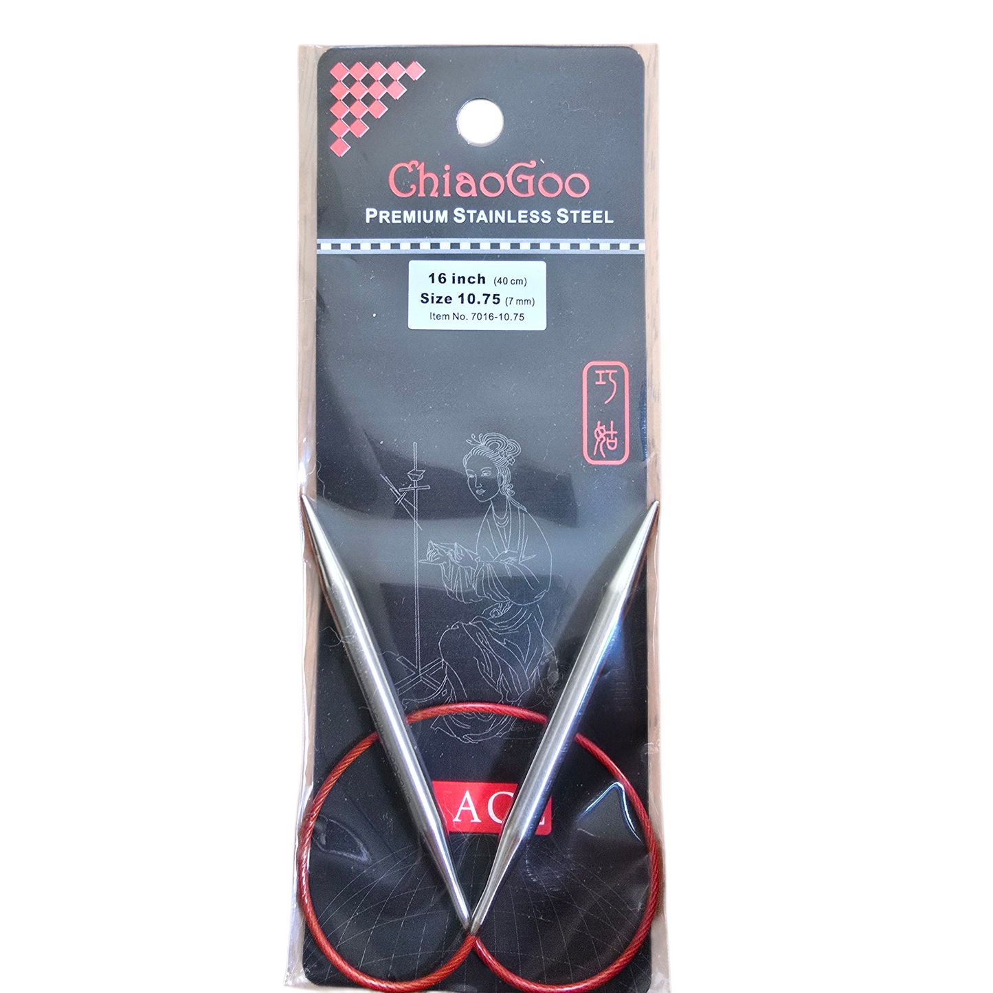 ChiaoGoo US 10.75, 7mm, 16" stainless steel circular knitting needles in black and red package with label on a white background.