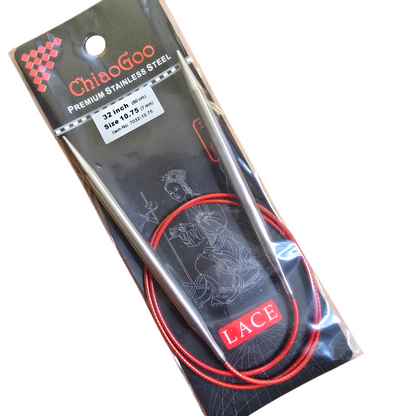 ChiaoGoo US 10.75, 7mm, 32" stainless steel circular knitting needles in black and red package with label on a white background.