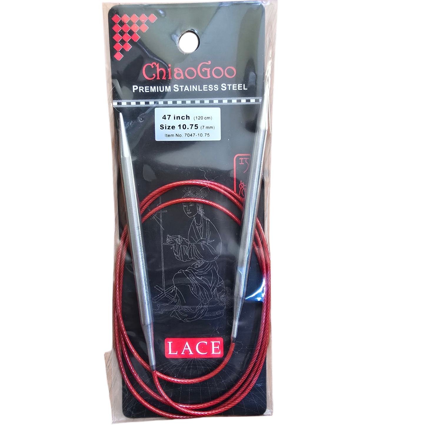 ChiaoGoo US 10.75, 7mm, 47" stainless steel circular knitting needles in black and red package with label on a white background.
