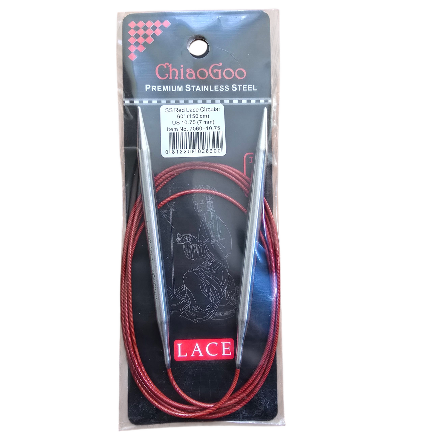 ChiaoGoo US 10.75, 7mm, 60" stainless steel circular knitting needles in black and red package with label on a white background.