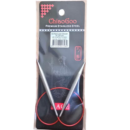 ChiaoGoo US 10.875, 7.5mm, 16" stainless steel circular knitting needles in black and red package with label on a white background.
