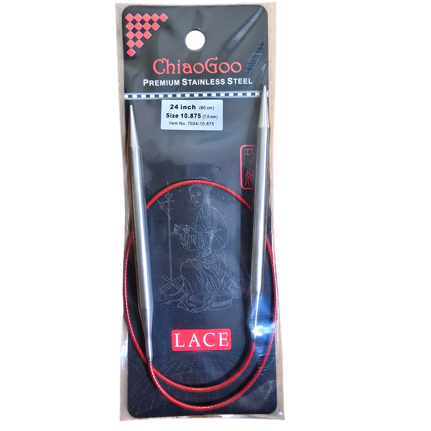 ChiaoGoo US 10.875, 7.5mm, 24" stainless steel circular knitting needles in black and red package with label on a white background.