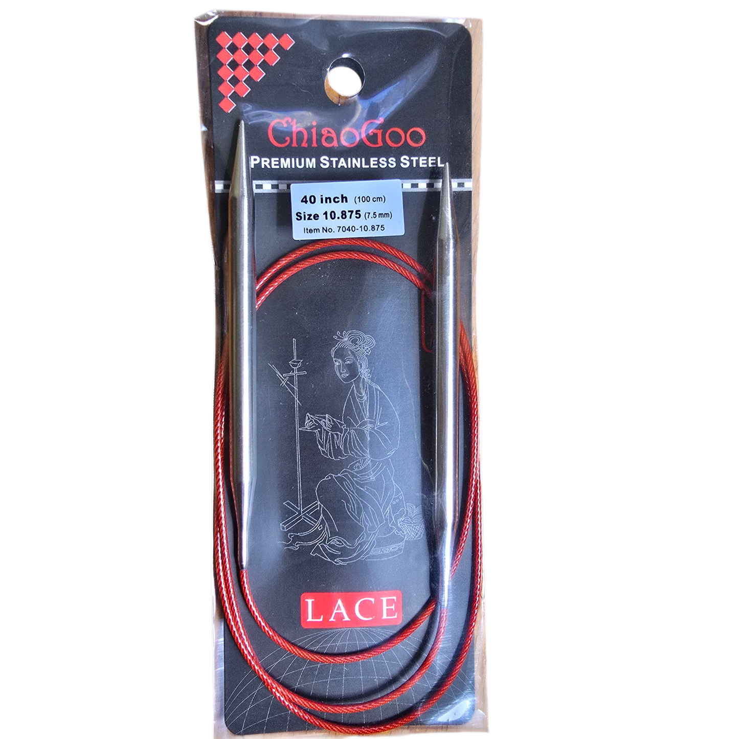 ChiaoGoo US 10.875, 7.5mm, 40" stainless steel circular knitting needles in black and red package with label on a white background.