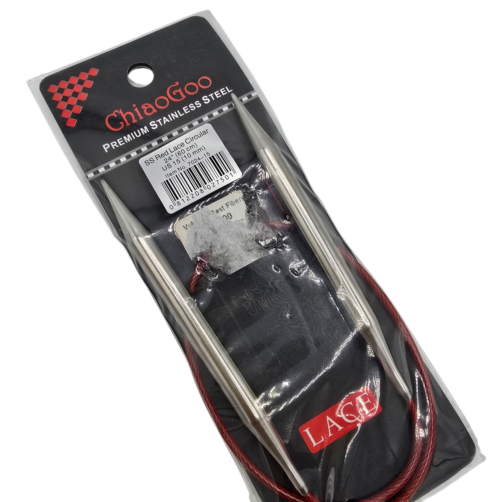 ChiaoGoo US 15, 10mm, 24" stainless steel circular knitting needles in black and red package with label on a white background.