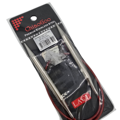 ChiaoGoo US 15, 10mm, 24" stainless steel circular knitting needles in black and red package with label on a white background.