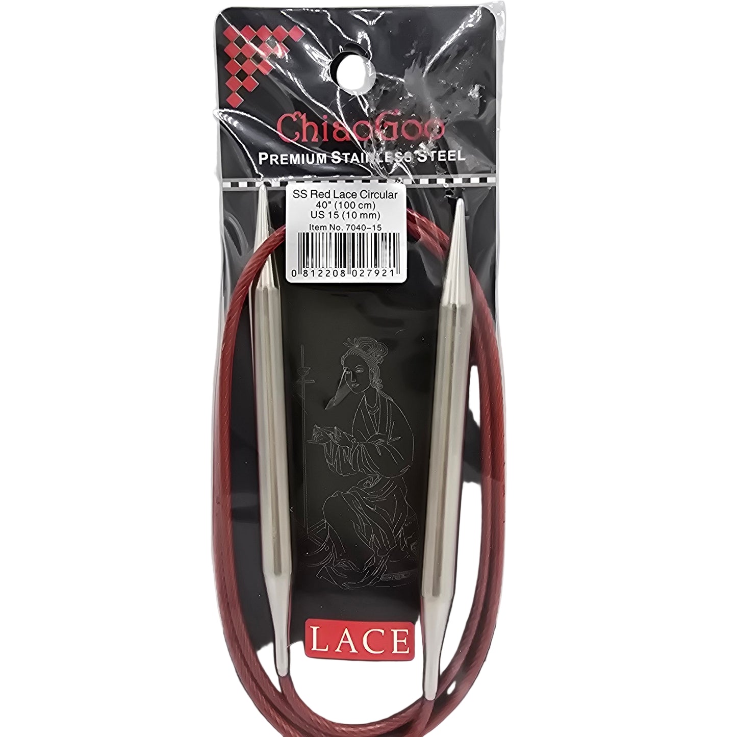ChiaoGoo US 15, 10mm, 40" stainless steel circular knitting needles in black and red package with label on a white background.