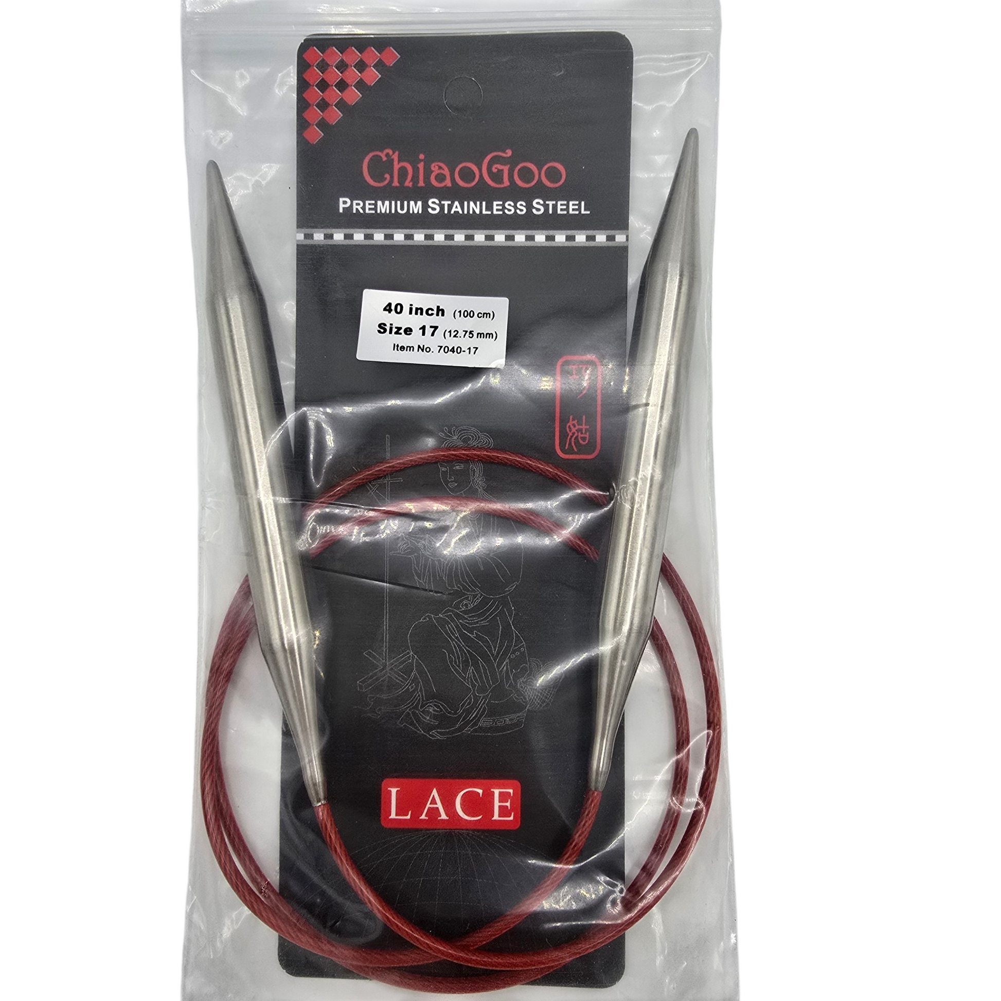 ChiaoGoo US 17, 12.75mm, 40" stainless steel circular knitting needles in black and red package with label on a white background.
