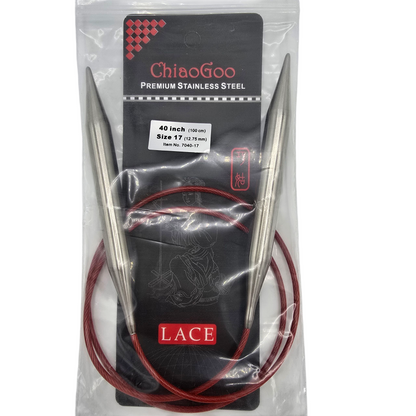 ChiaoGoo US 17, 12.75mm, 40" stainless steel circular knitting needles in black and red package with label on a white background.