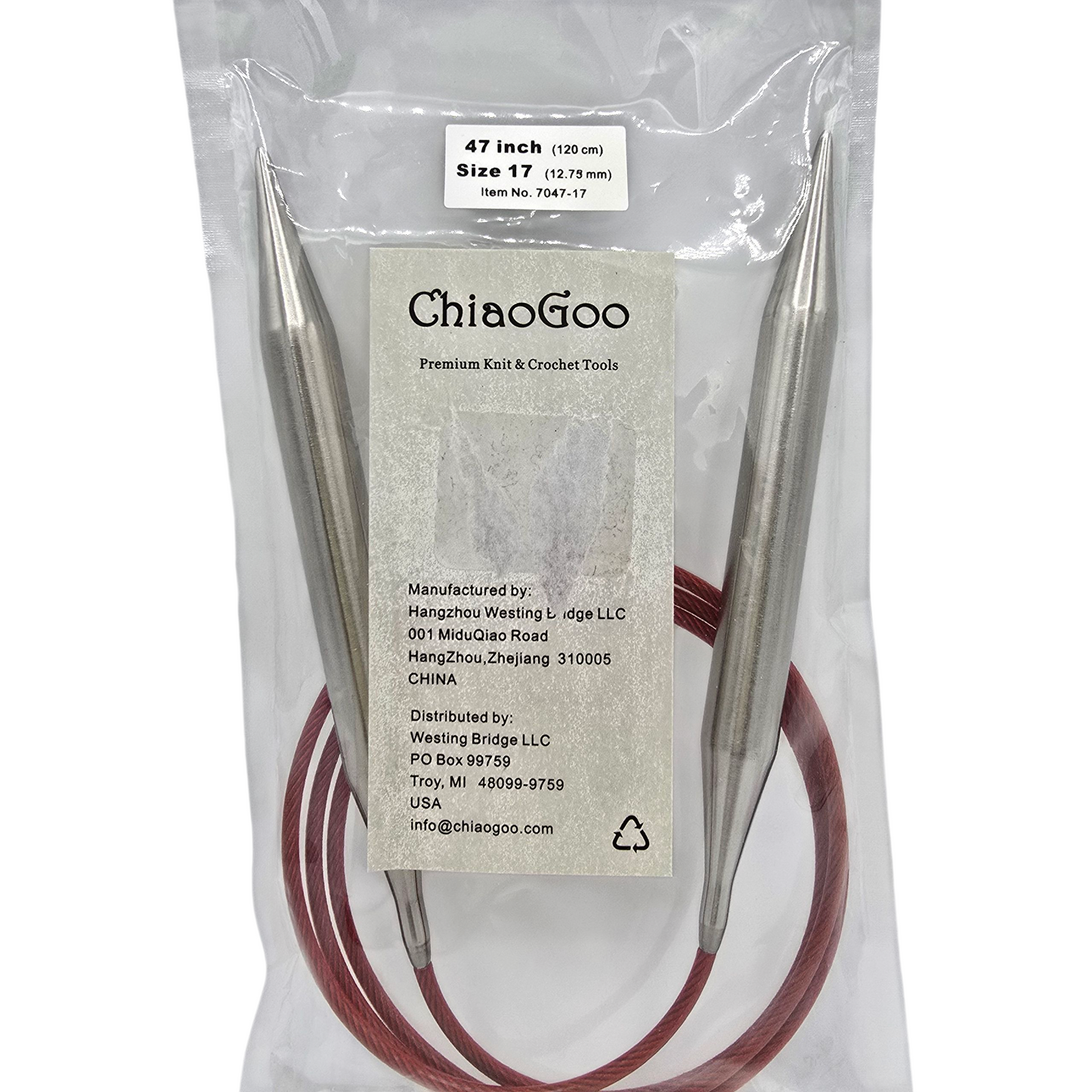 ChiaoGoo US 17, 12.75mm, 40" stainless steel circular knitting needles in white  package with label on a white background.