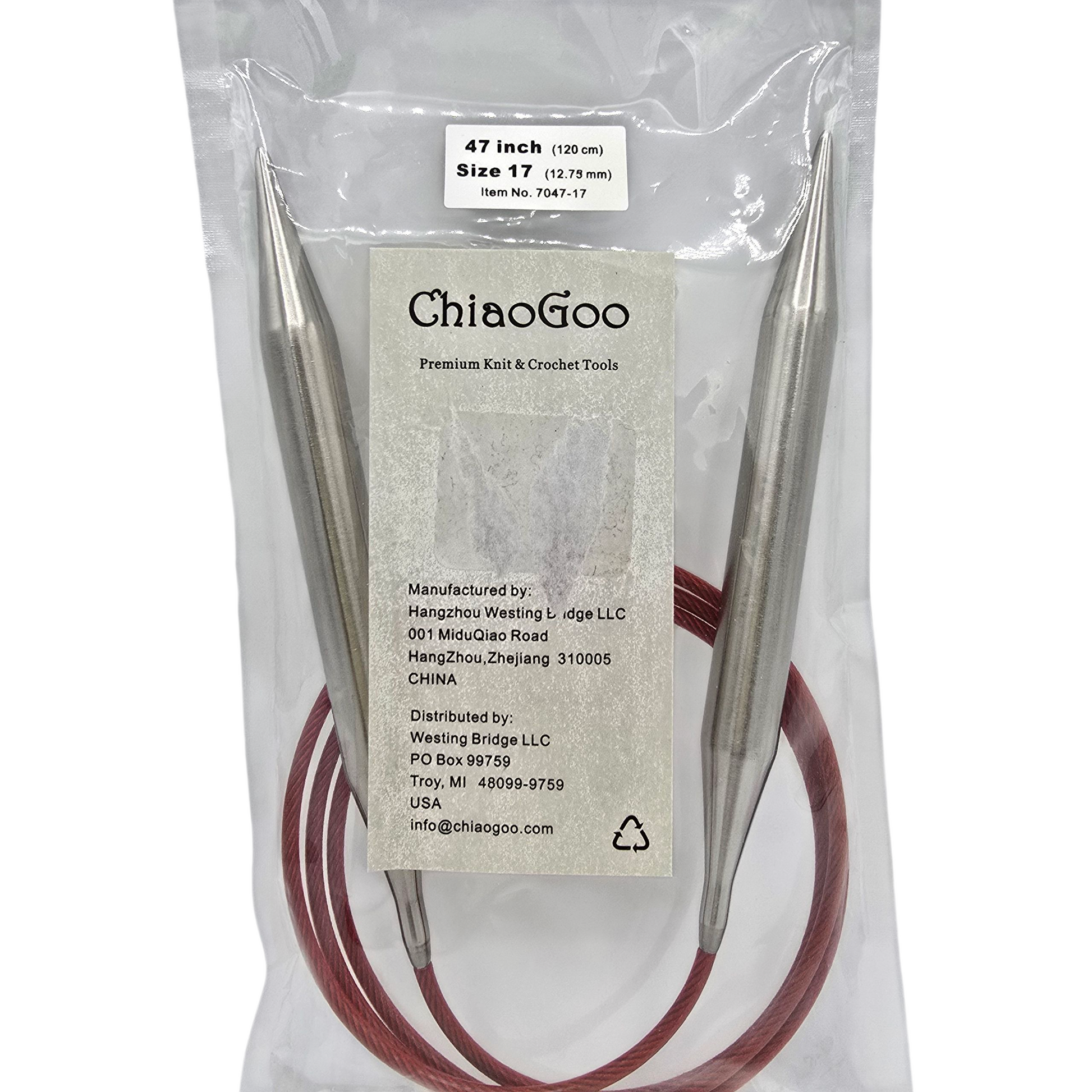 ChiaoGoo US 17, 12.75mm, 40" stainless steel circular knitting needles in white  package with label on a white background.