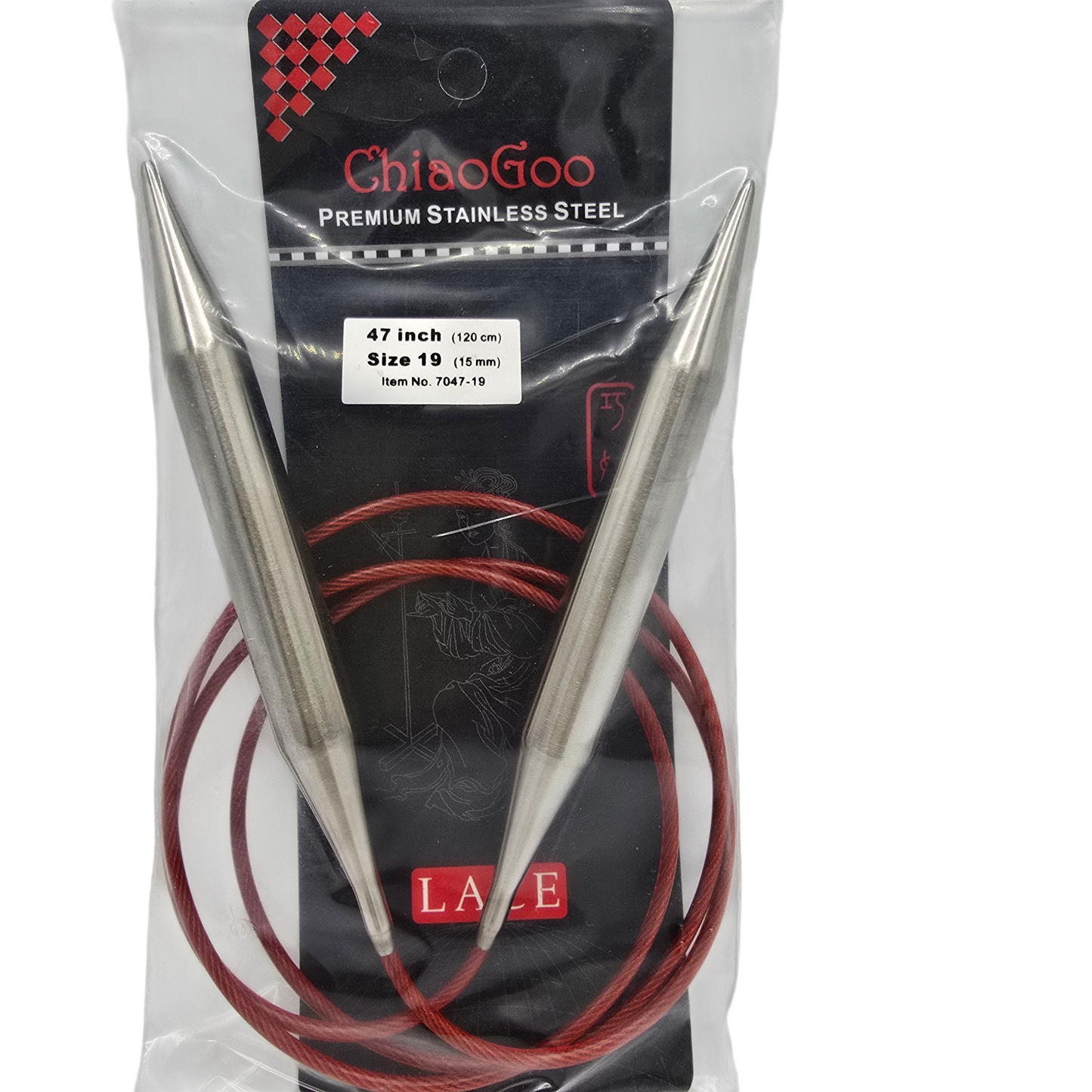 ChiaoGoo US 19, 15mm, 47" stainless steel circular knitting needles in black and red package with label on a white background.