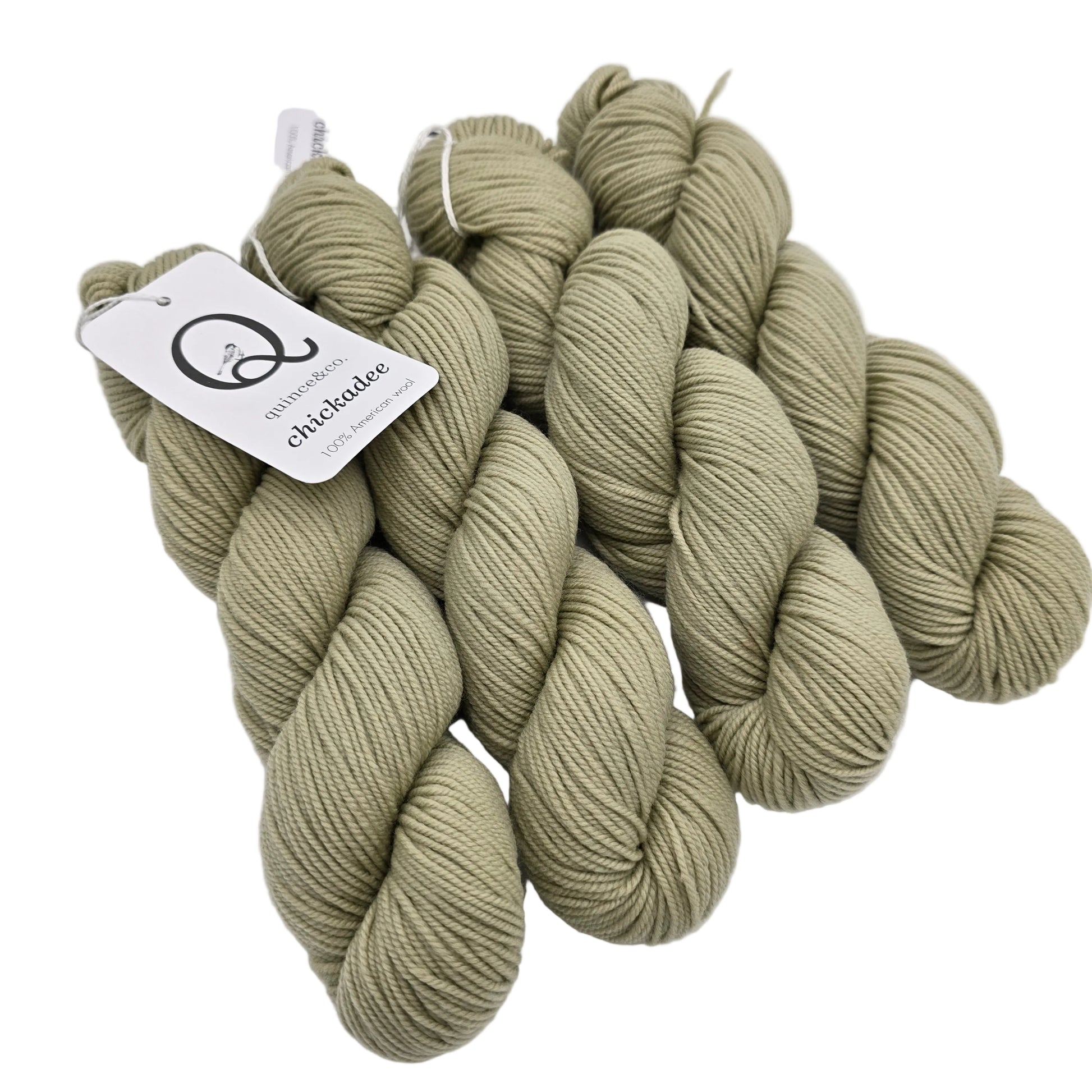 Image of 4 hanks of Chickadee by Quince & Co. in the color Eucalyptus LE with labels on a white background.