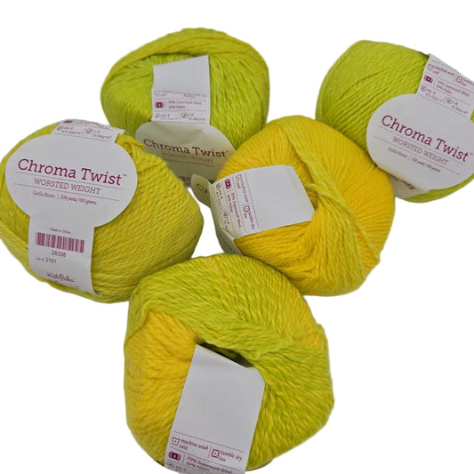 Image of multiple balls of Chroma Twist Worsted Yarn by Knit Picks in the color GoGo Boots with labels on a white background.