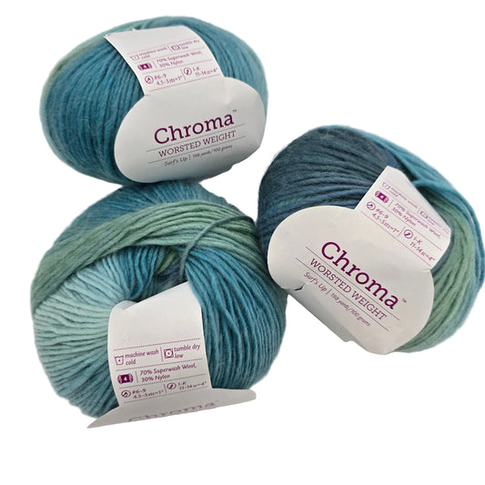 Image of 3 balls of Chroma Worsted Weight Yarn by Knit Picks in the color Surf's Up with labels on a white background.