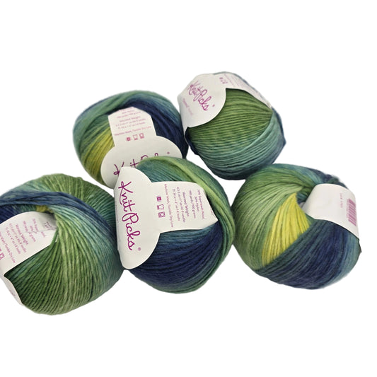 Image of 5 balls of Chroma Worsted Yarn by Knit Picks in the color Lake Front with labels on a white background.