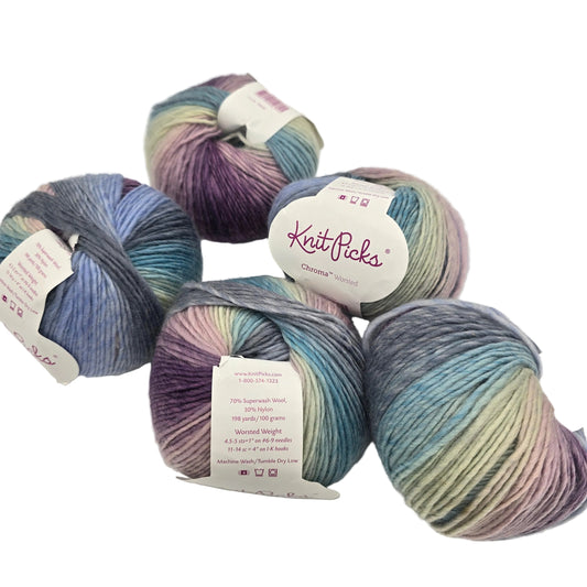 Image of 5 balls of Chroma Worsted yarn by Knit Picks in the color  Drawing room with labels on a white background.