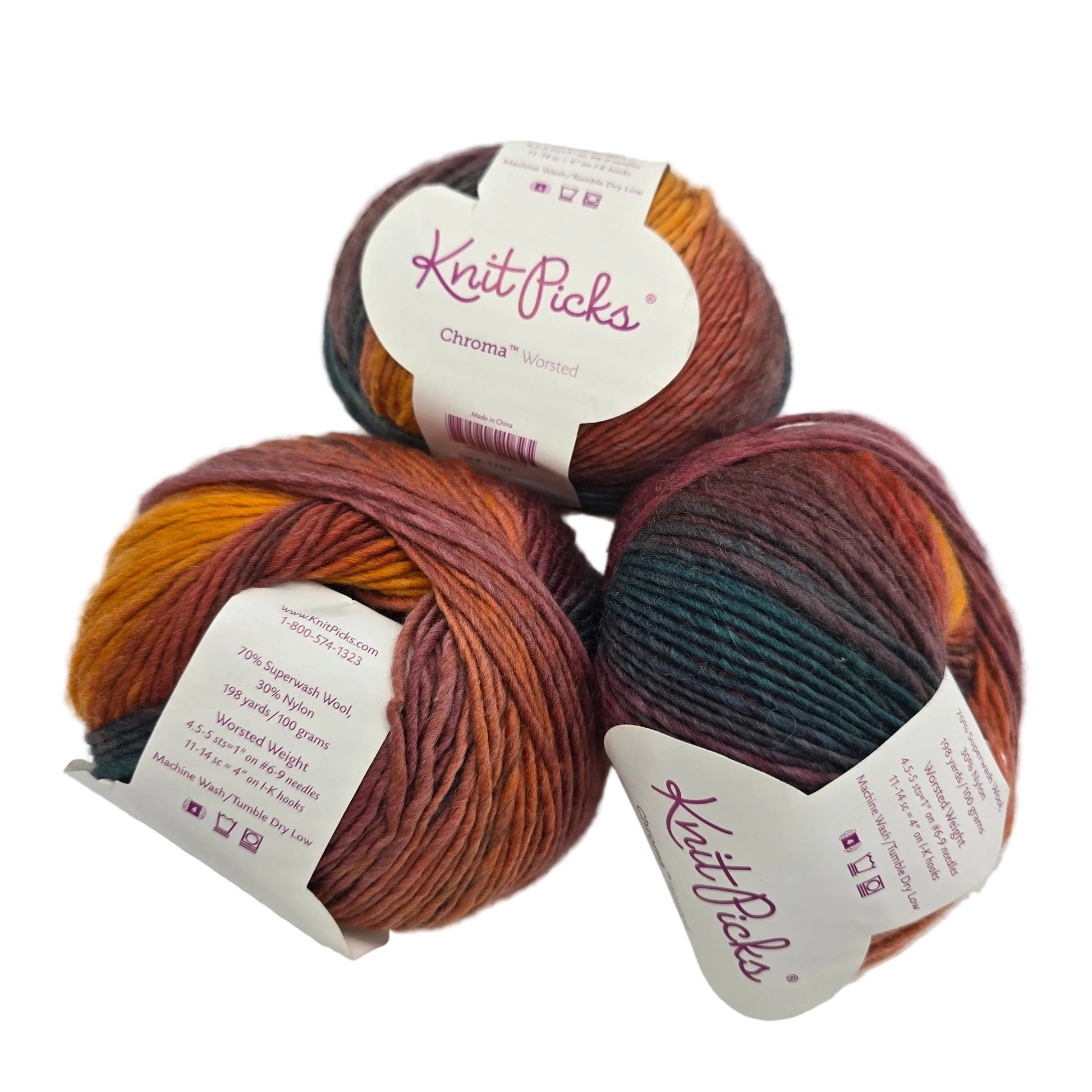 Image of three balls of Chroma Worsted Yarn by Knit picks in the color Vermont with labels on a white background.