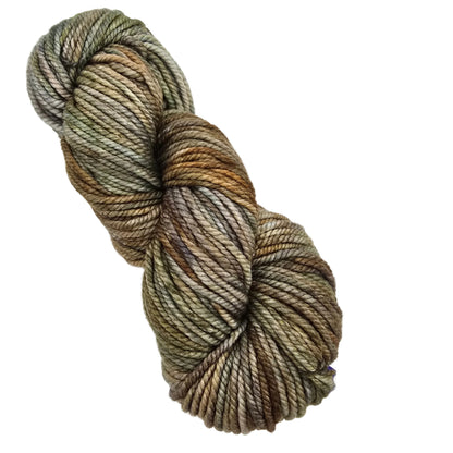 A single skein of variegated yarn with a marled colorway of olive green, tan, brown, and cream, shown on a plain white background.