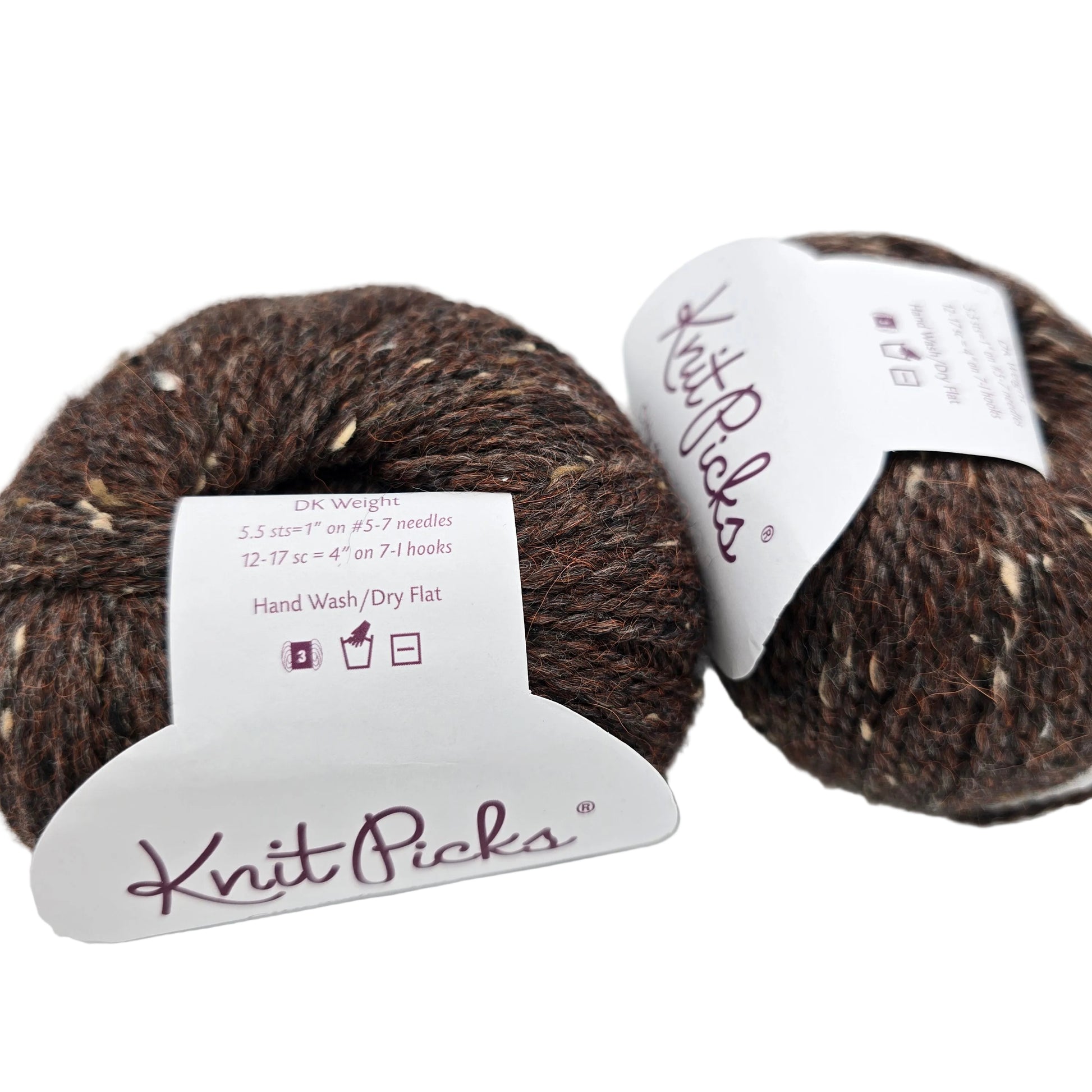 Image of two balls of  City Tweed DK Yarn by Knit Picks in the color Tarantella with labels on a white background.