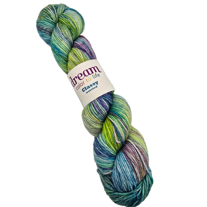 A skein of Classy_by_Dream a variegated yarn with blended teal, green, yellow, purple, and blue tones, wrapped in a white paper label on a white background.