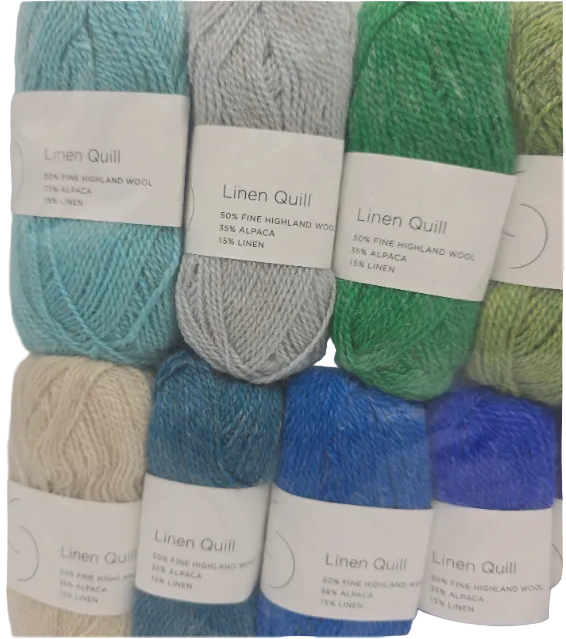 Close-up Image 1 of a set of mini skeins of Purl Soho Linen Quill Yarn Set of 10 Minis in Blue & Green colors with labels on a white background.