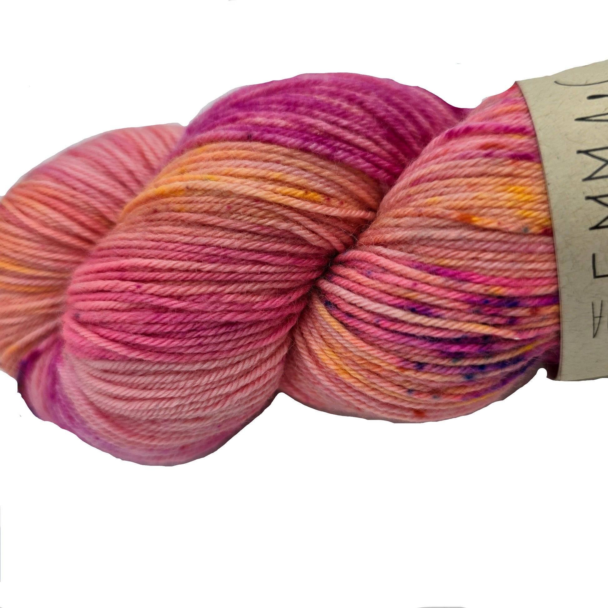 Close-up Image of a single skein of Beautifully Basic yarn by Emma's Yarn  in the color August '23 with partial label on a white background.