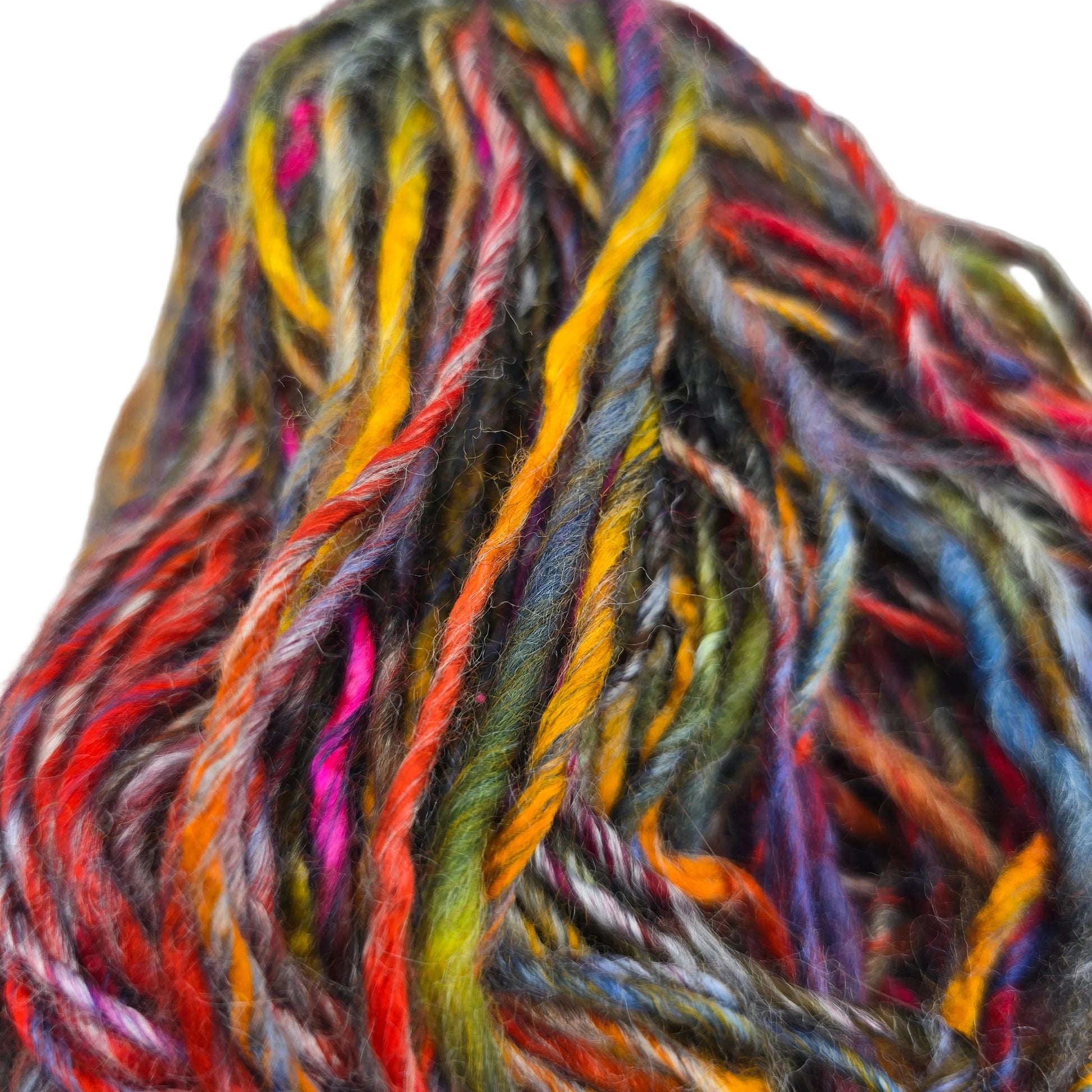 Close-up image of Boboli by Berroco yarn in Color 5352 Red Multi on a white background.