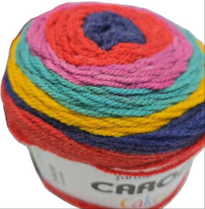 Close-up image of Caron Cakes Yarn in the color Fruit Frosting with label on a white background.